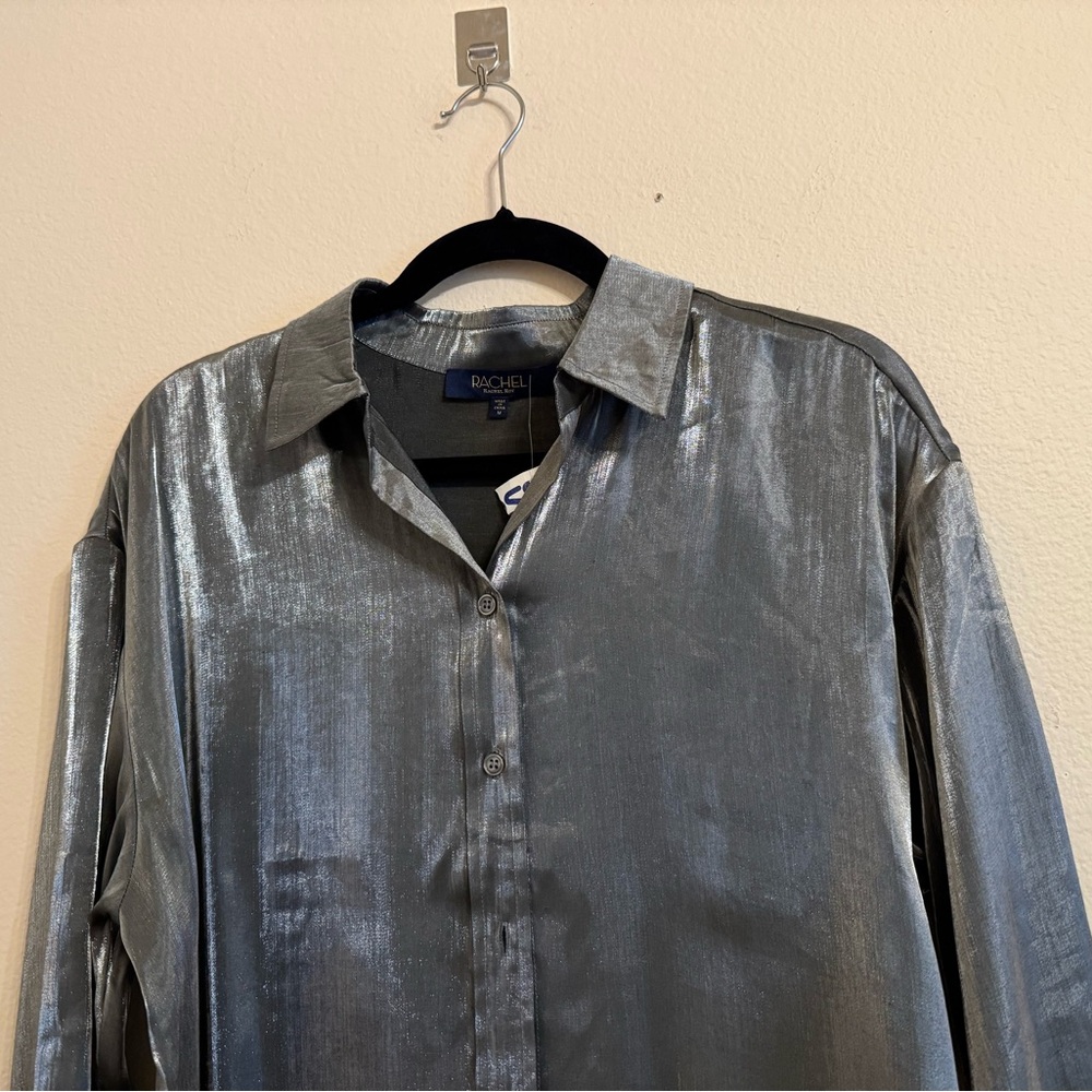 Rachel Roy Shirt Silver Metallic Button-Down Long Sleeves Shirt M Gray - Picture 6 of 15